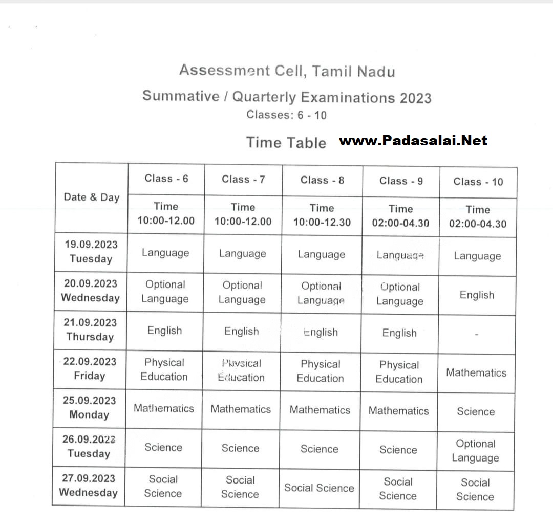6th To 10th Quarterly Exam Term 1 Exam Time Table 2023 Padasalai